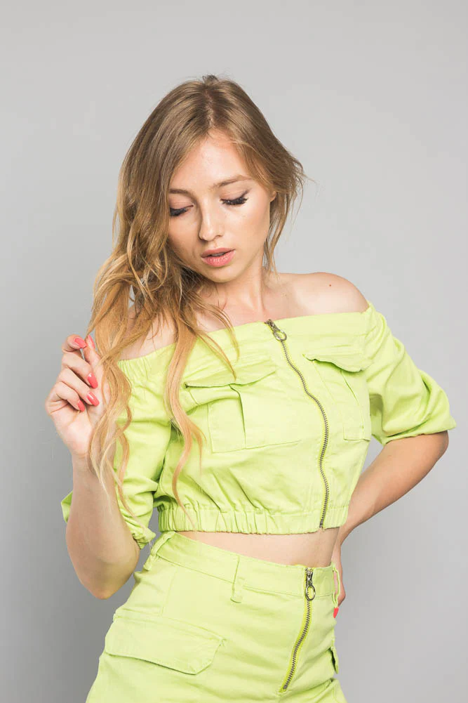 Neon Off the Shoulder Cropped Jacket - Image 9