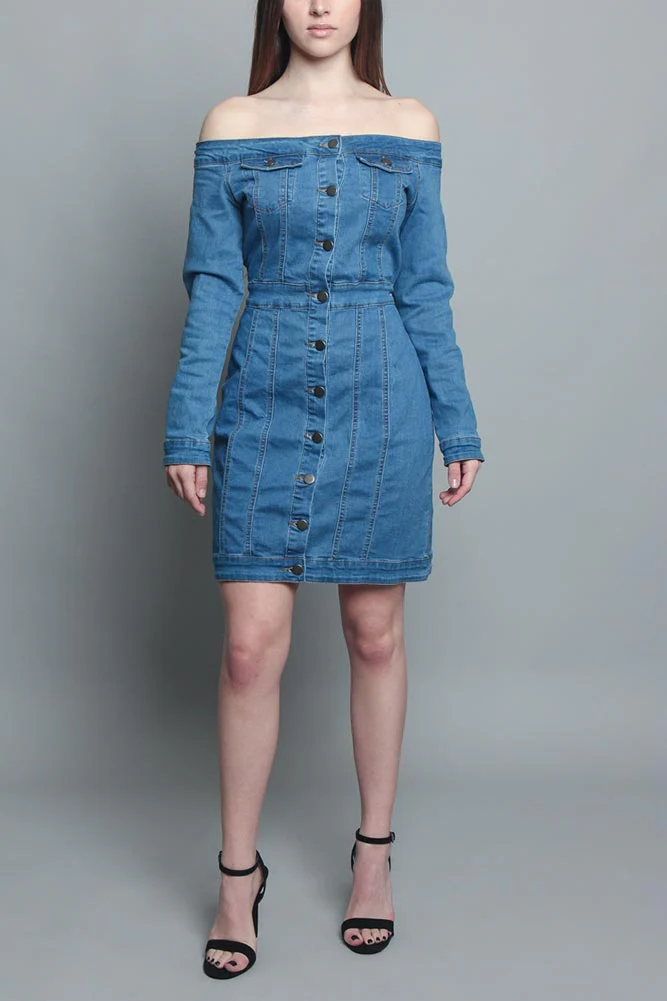 Off the Shoulder Denim Dress - Image 12