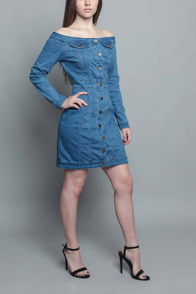 Off the Shoulder Denim Dress - Image 3