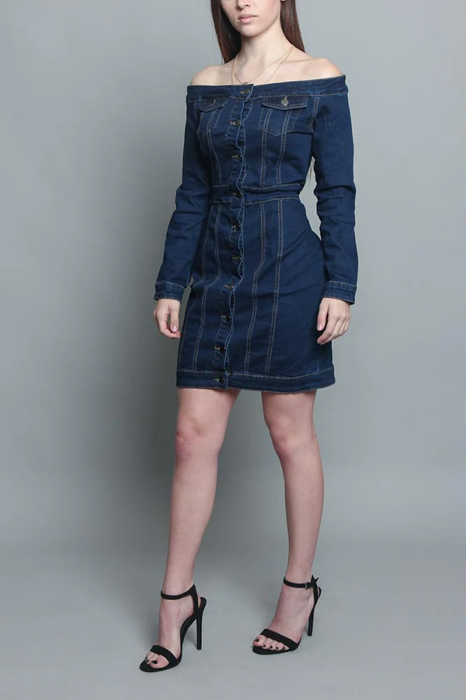Off the Shoulder Denim Dress - Image 7