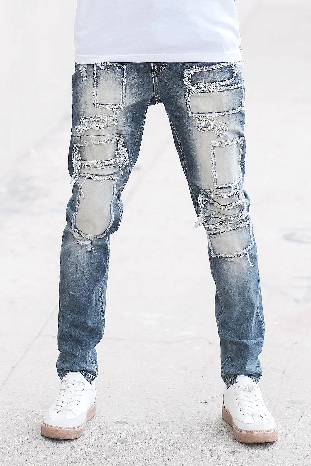 Patchwork Raw Hem Denim Jeans - Image 5