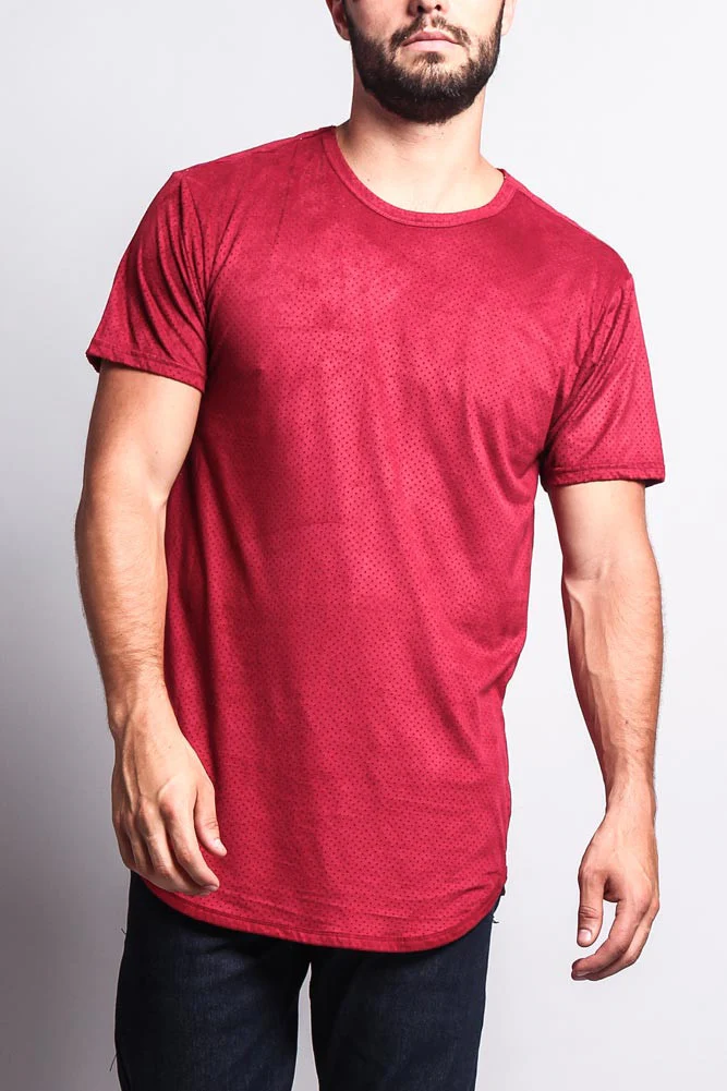 Perforated Faux Suede Long Length Curved Hem T-Shirt - Image 10