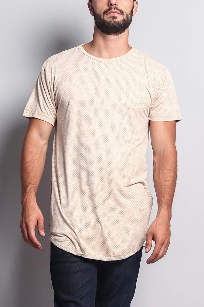 Perforated Faux Suede Long Length Curved Hem T-Shirt - Image 11