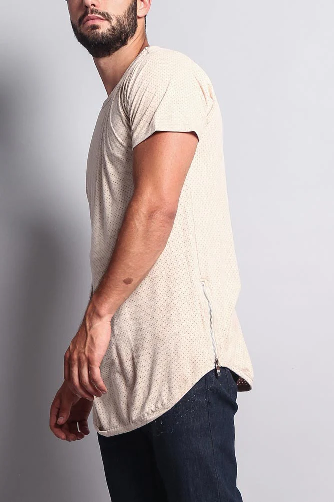 Perforated Faux Suede Long Length Curved Hem T-Shirt - Image 12