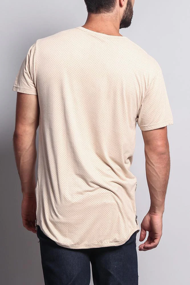 Perforated Faux Suede Long Length Curved Hem T-Shirt - Image 13