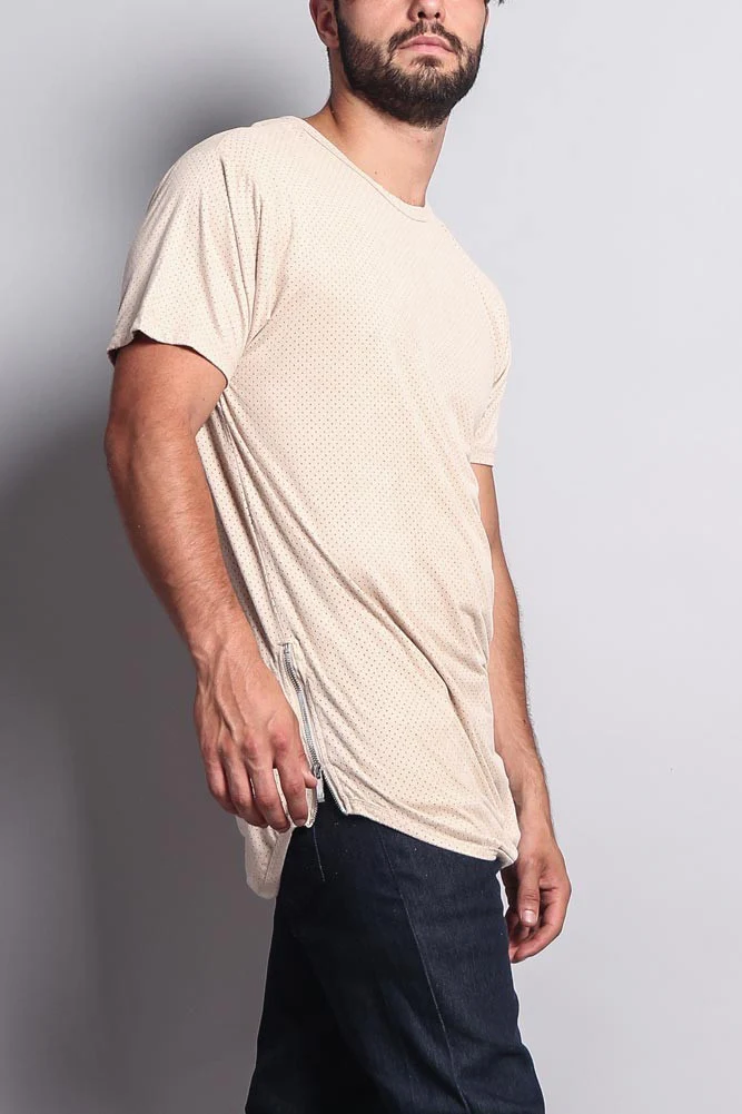 Perforated Faux Suede Long Length Curved Hem T-Shirt - Image 15