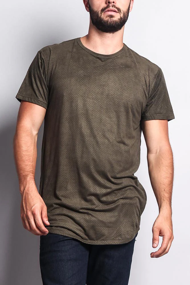 Perforated Faux Suede Long Length Curved Hem T-Shirt - Image 16