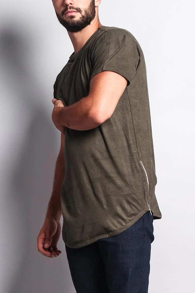 Perforated Faux Suede Long Length Curved Hem T-Shirt - Image 17