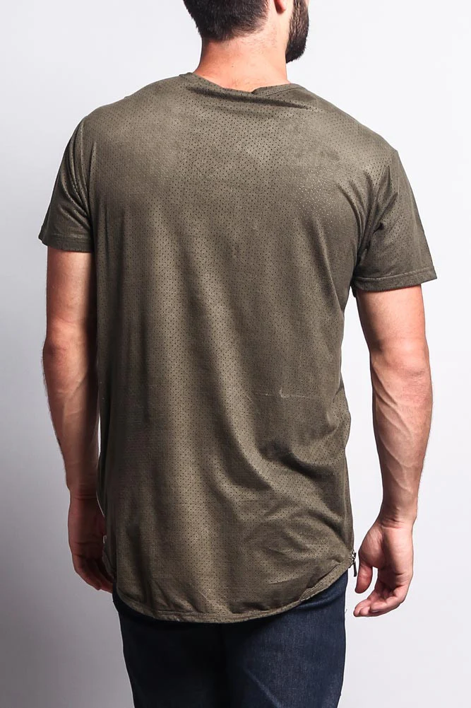 Perforated Faux Suede Long Length Curved Hem T-Shirt - Image 18