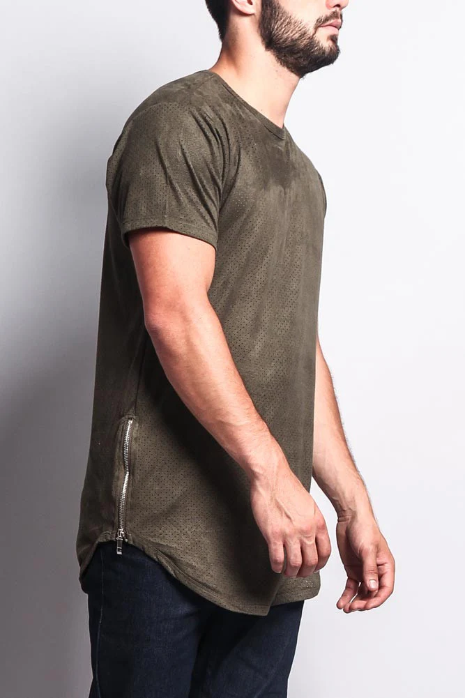 Perforated Faux Suede Long Length Curved Hem T-Shirt - Image 19