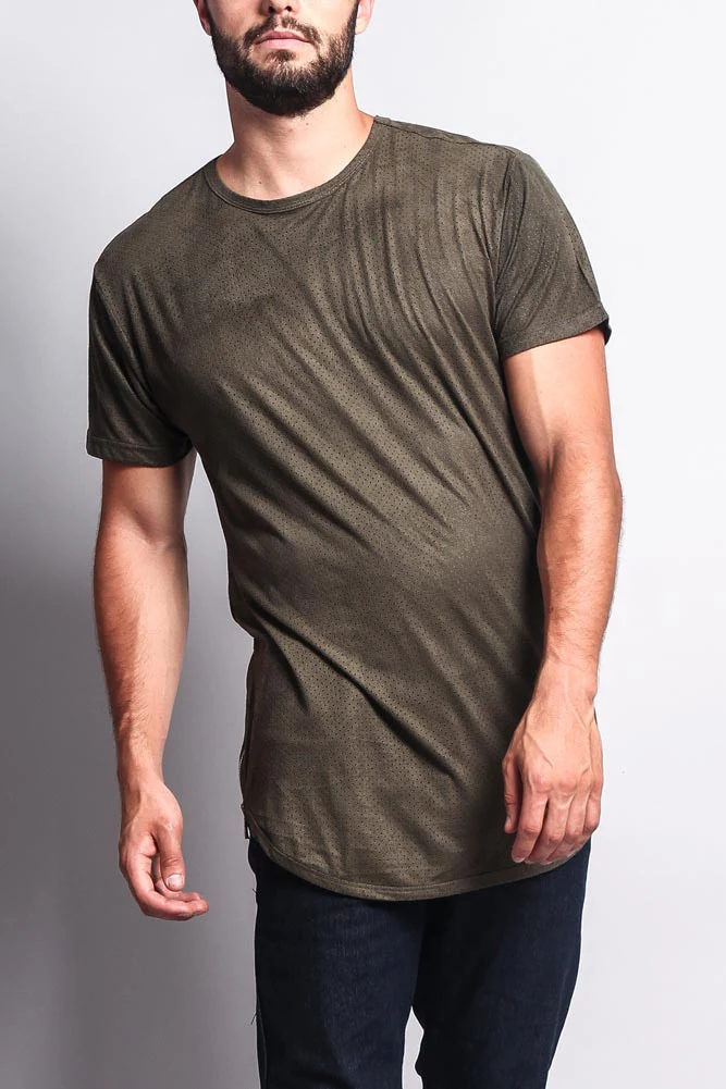 Perforated Faux Suede Long Length Curved Hem T-Shirt - Image 20