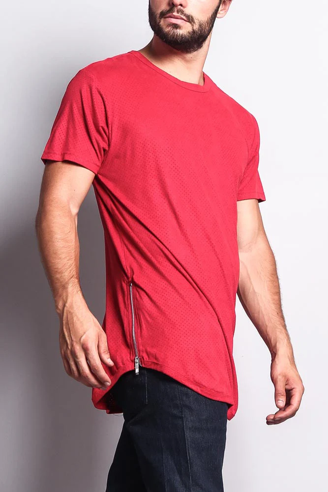 Perforated Faux Suede Long Length Curved Hem T-Shirt - Image 23