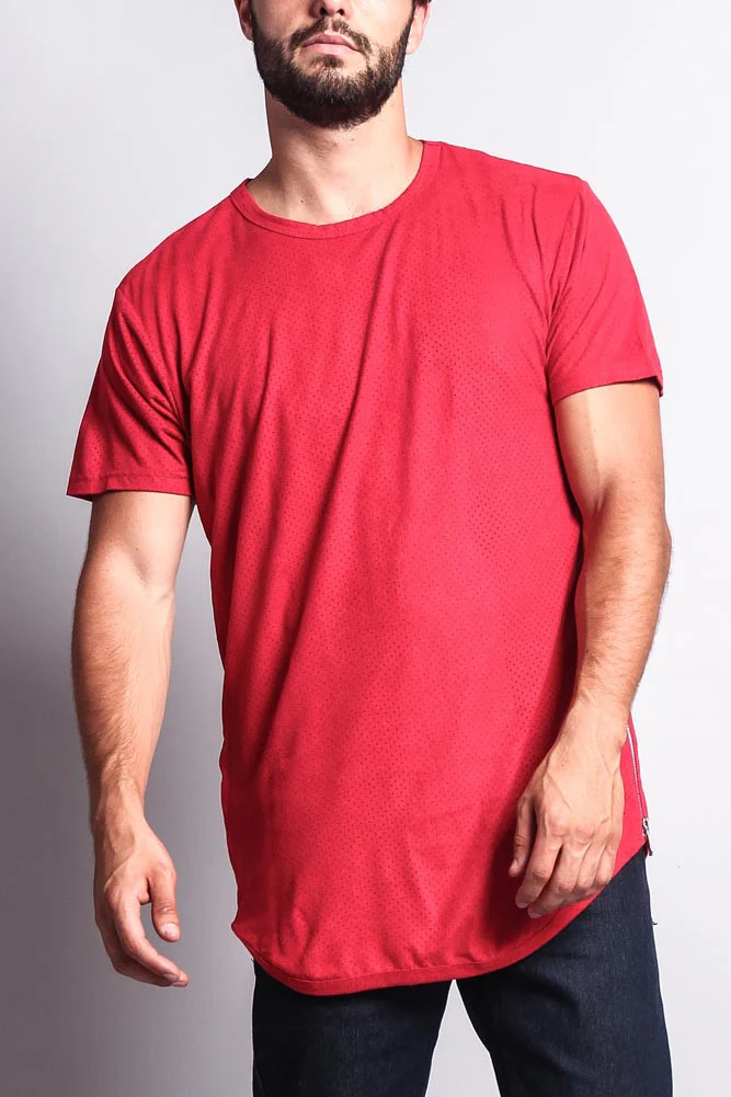 Perforated Faux Suede Long Length Curved Hem T-Shirt - Image 24