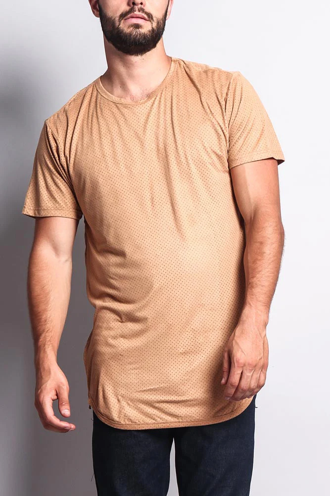 Perforated Faux Suede Long Length Curved Hem T-Shirt - Image 26