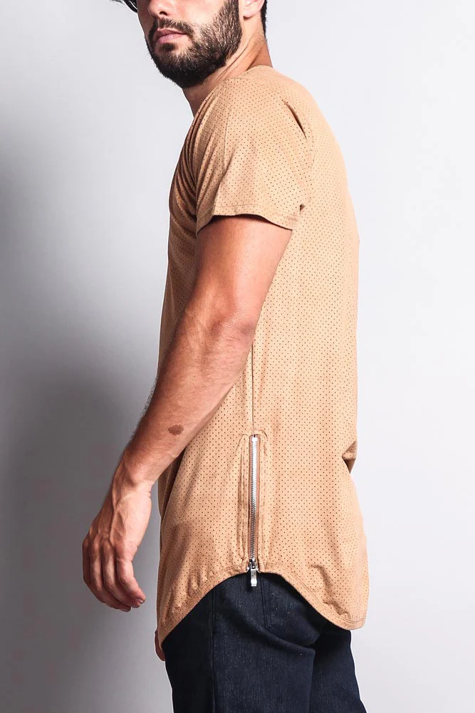Perforated Faux Suede Long Length Curved Hem T-Shirt - Image 27