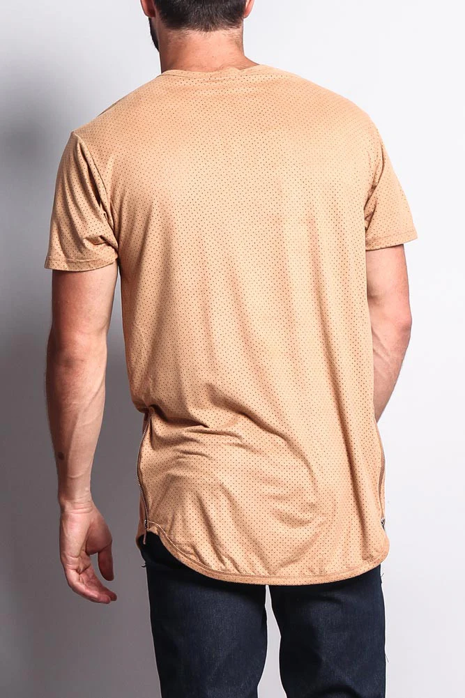 Perforated Faux Suede Long Length Curved Hem T-Shirt - Image 28