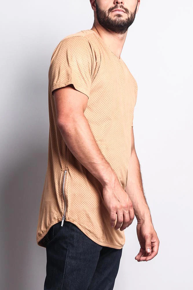 Perforated Faux Suede Long Length Curved Hem T-Shirt - Image 29