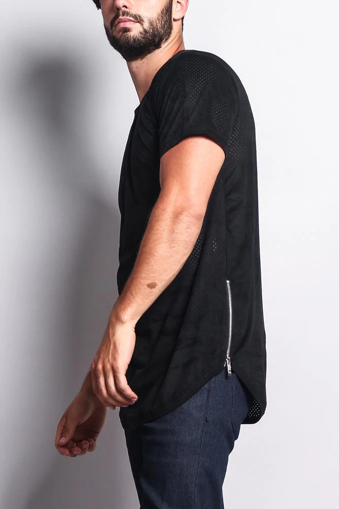 Perforated Faux Suede Long Length Curved Hem T-Shirt - Image 3