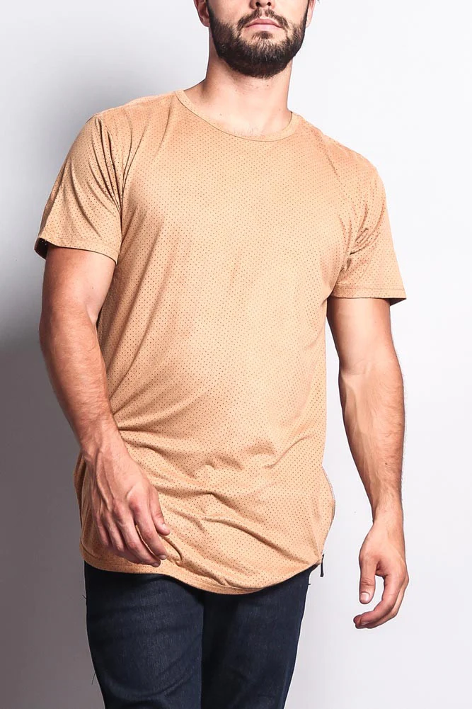 Perforated Faux Suede Long Length Curved Hem T-Shirt - Image 30