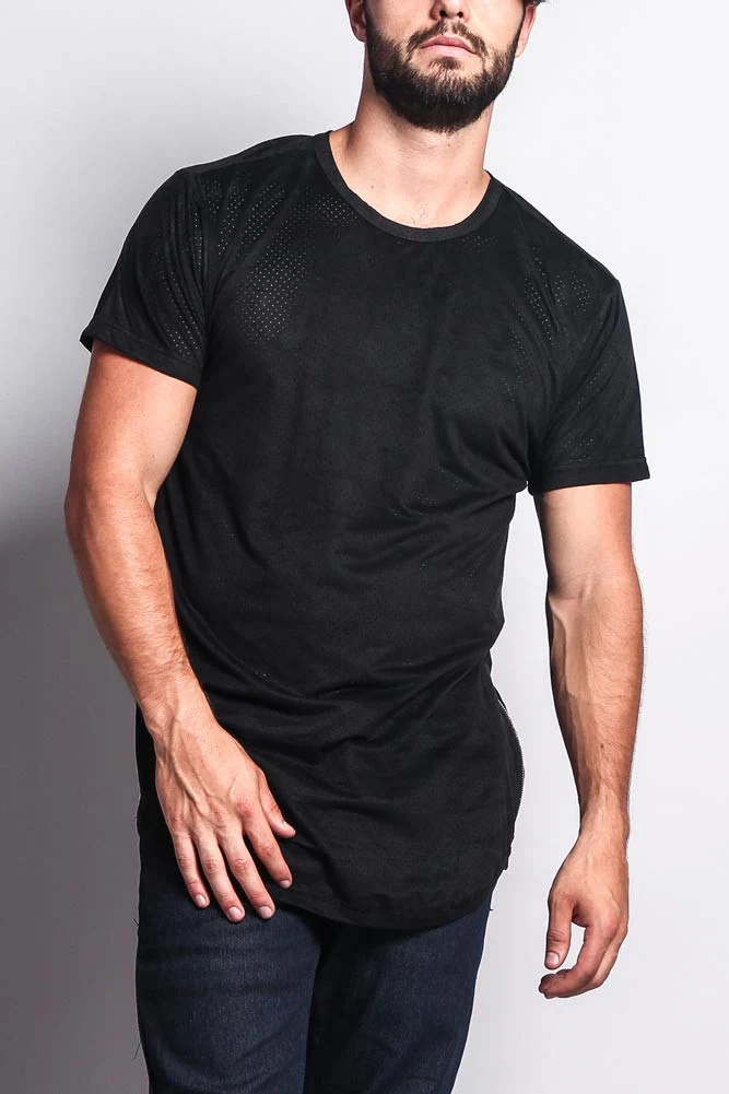 Perforated Faux Suede Long Length Curved Hem T-Shirt - Image 6