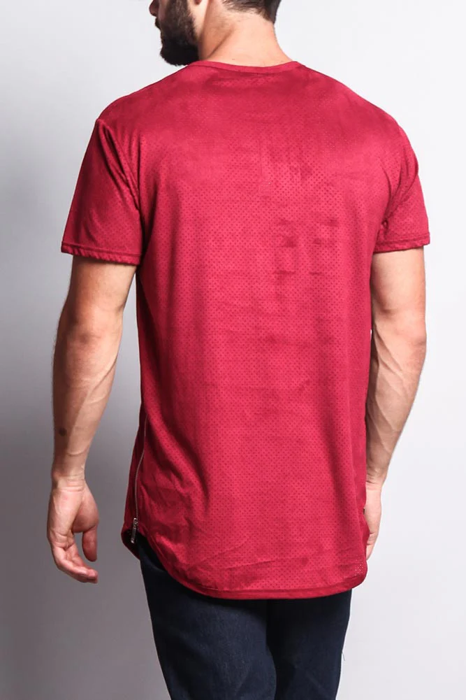 Perforated Faux Suede Long Length Curved Hem T-Shirt - Image 8