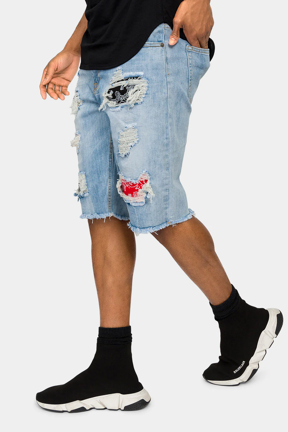 Ripped Bandana Repair Denim Shorts - Image 7