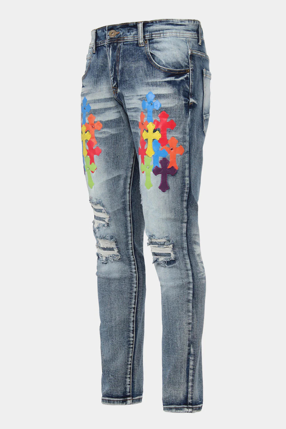 Ripped Jeweled Pu Cross Denim Jeans - Image 2