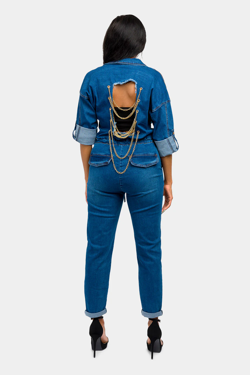 Loose Chain Back Denim Jumpsuit - Image 3
