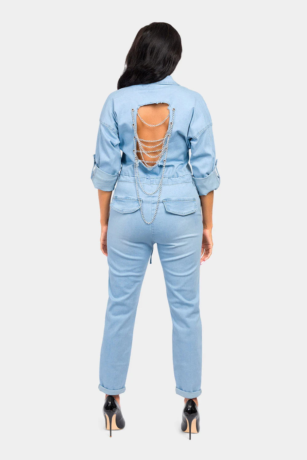 Loose Chain Back Denim Jumpsuit - Image 9
