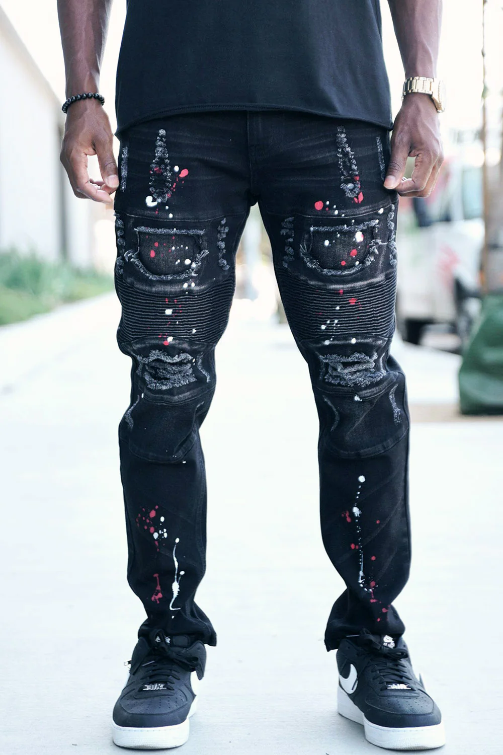 Stacked Paint Splatter Biker Jeans - Image 4