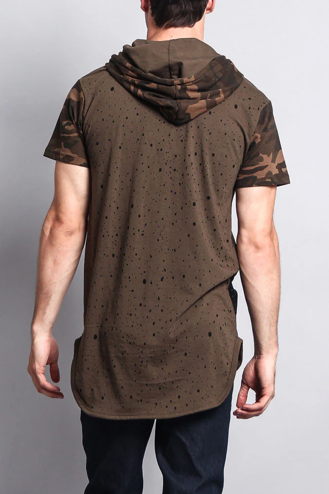 Star Print Block Camo Splatter Hooded T-Shirt - Image 3