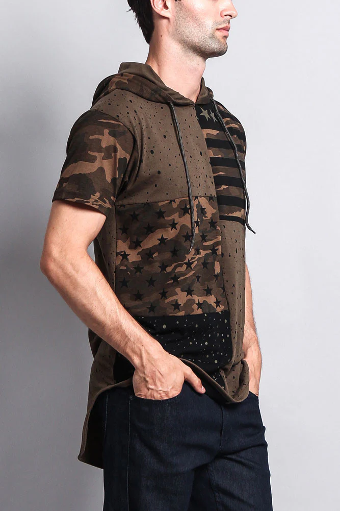Star Print Block Camo Splatter Hooded T-Shirt - Image 4