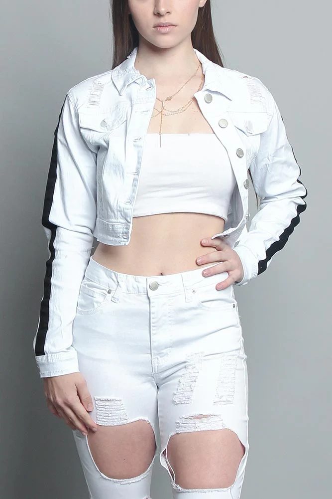 Striped Cropped Distressed Jacket - Image 11