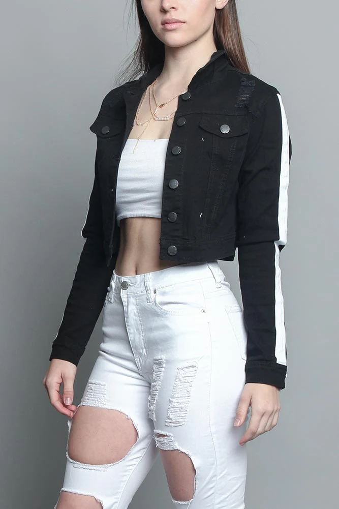 Striped Cropped Distressed Jacket - Image 14