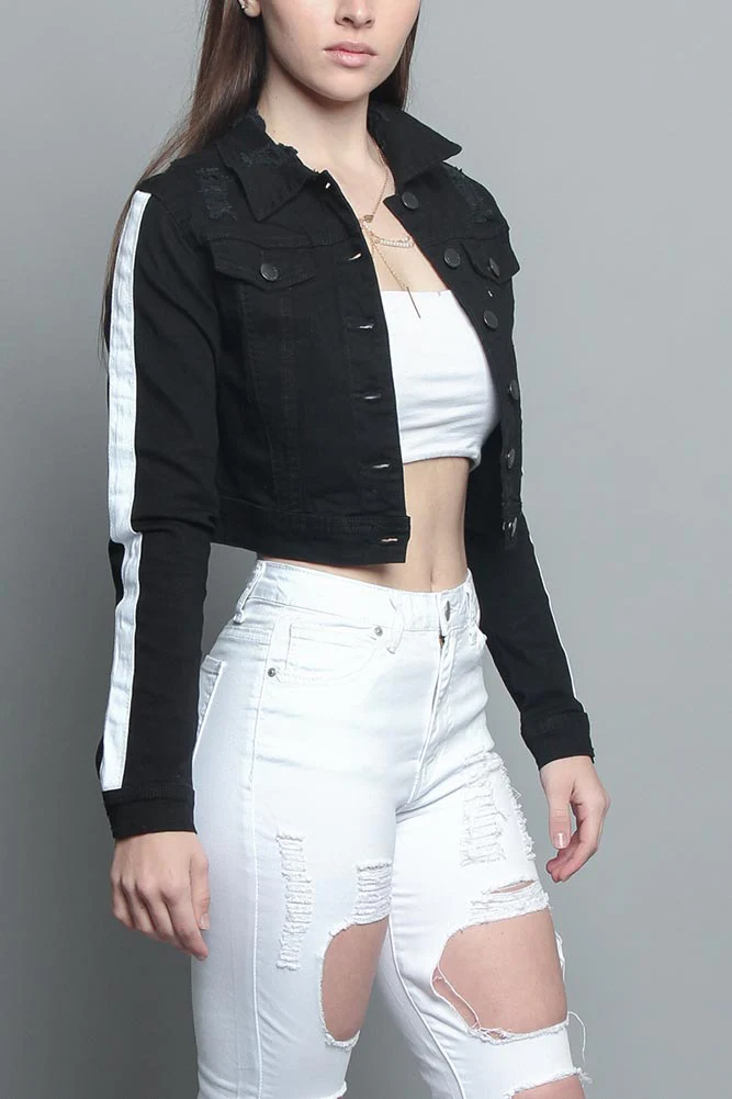Striped Cropped Distressed Jacket - Image 16