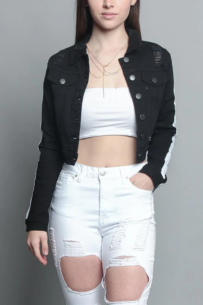 Striped Cropped Distressed Jacket - Image 17