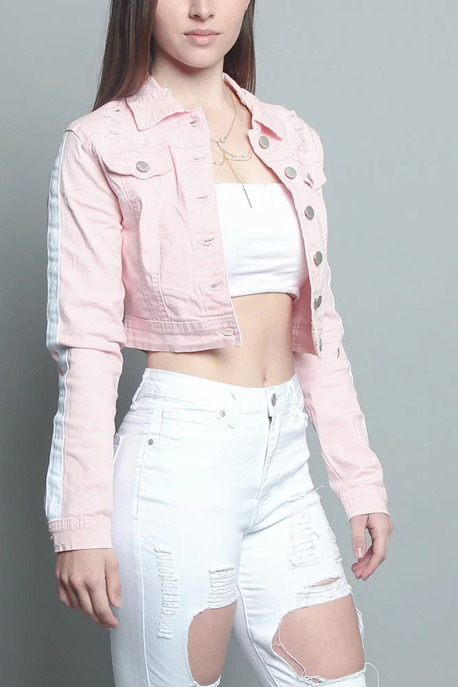 Striped Cropped Distressed Jacket - Image 4