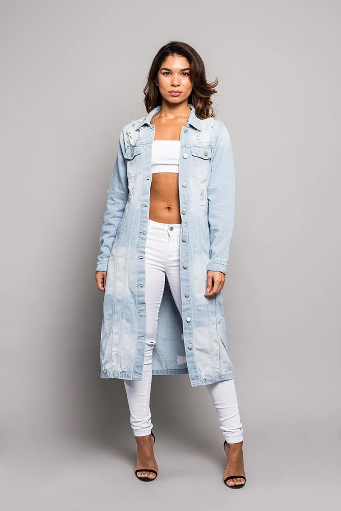 Super Long Distressed Denim Jean Jacket - Image 13