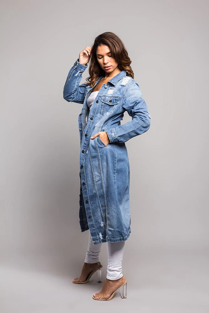 Super Long Distressed Denim Jean Jacket - Image 3