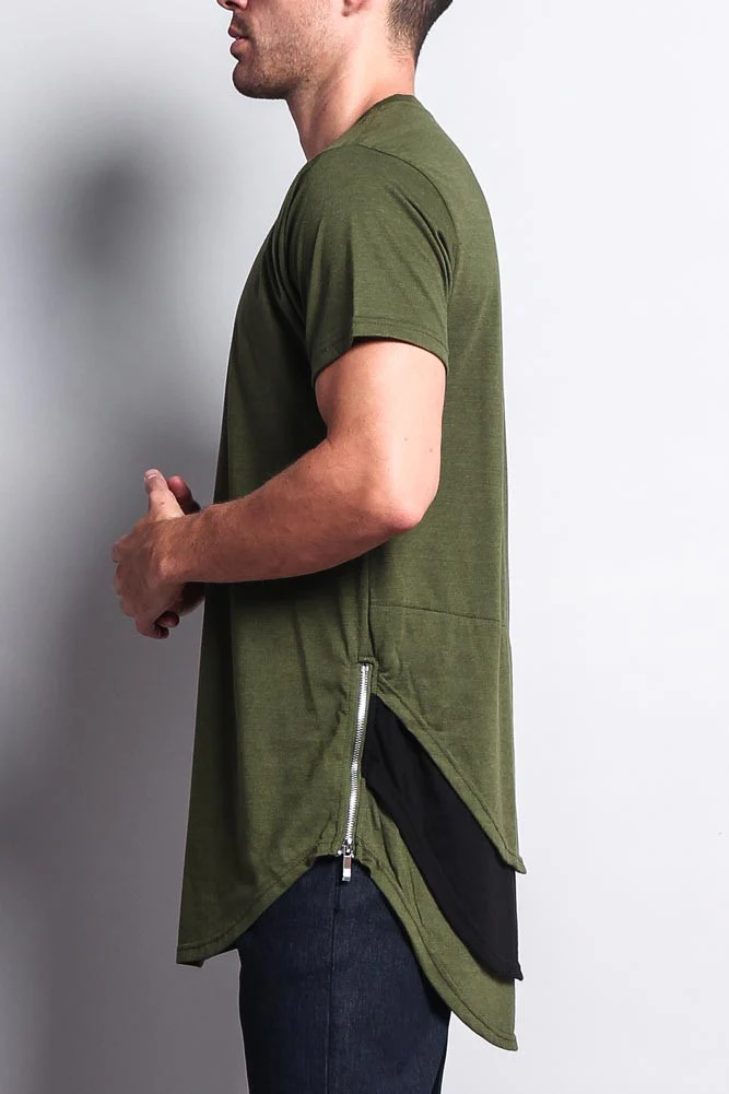 Triple Stacked Contrast Long Length Curved Hem T-Shirt - Image 4