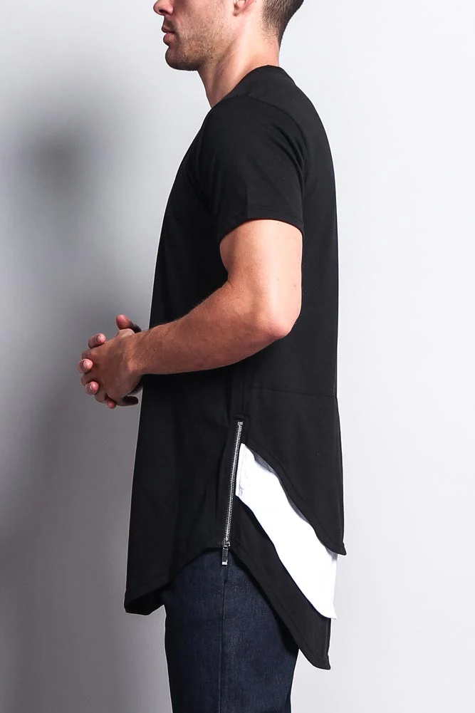 Triple Stacked Contrast Long Length Curved Hem T-Shirt - Image 8