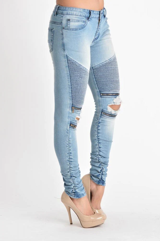 Women's Biker Style Ripped Zip Rider Jeans - Image 3