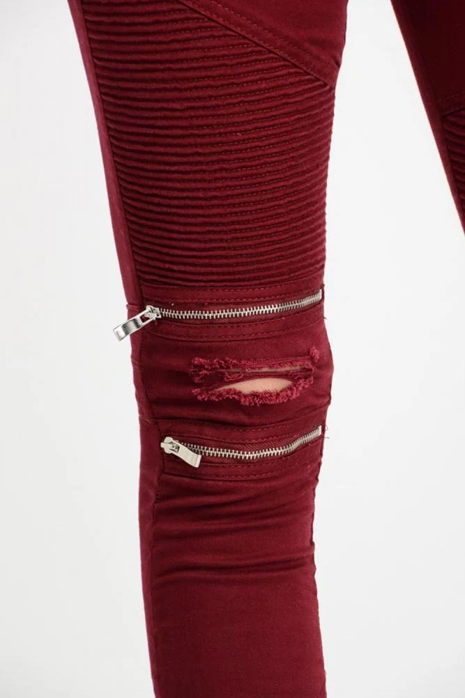 Women's Biker Style Ripped Zip Rider Jogger Pants - Image 10