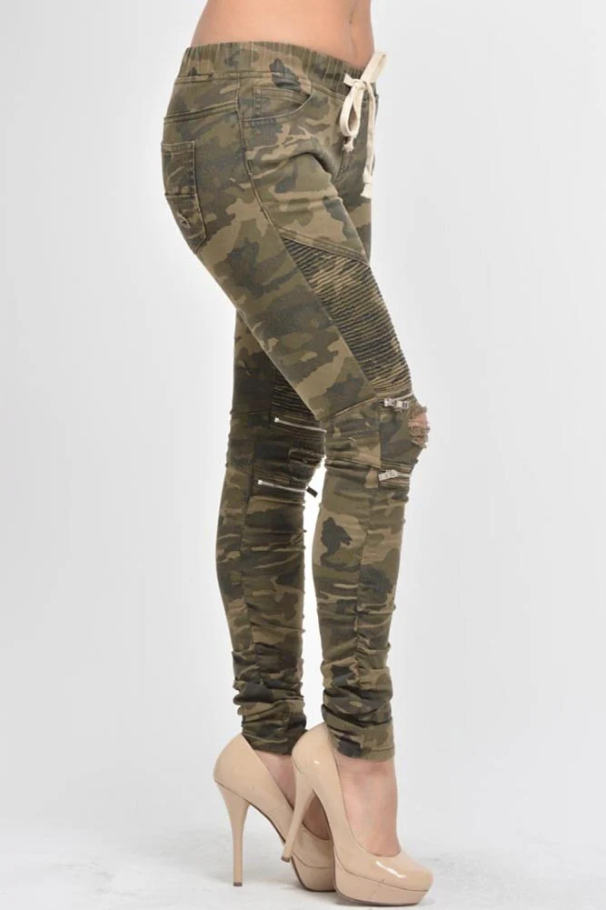Women's Biker Style Ripped Zip Rider Jogger Pants - Image 11