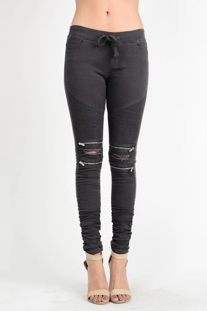 Women's Biker Style Ripped Zip Rider Jogger Pants - Image 14