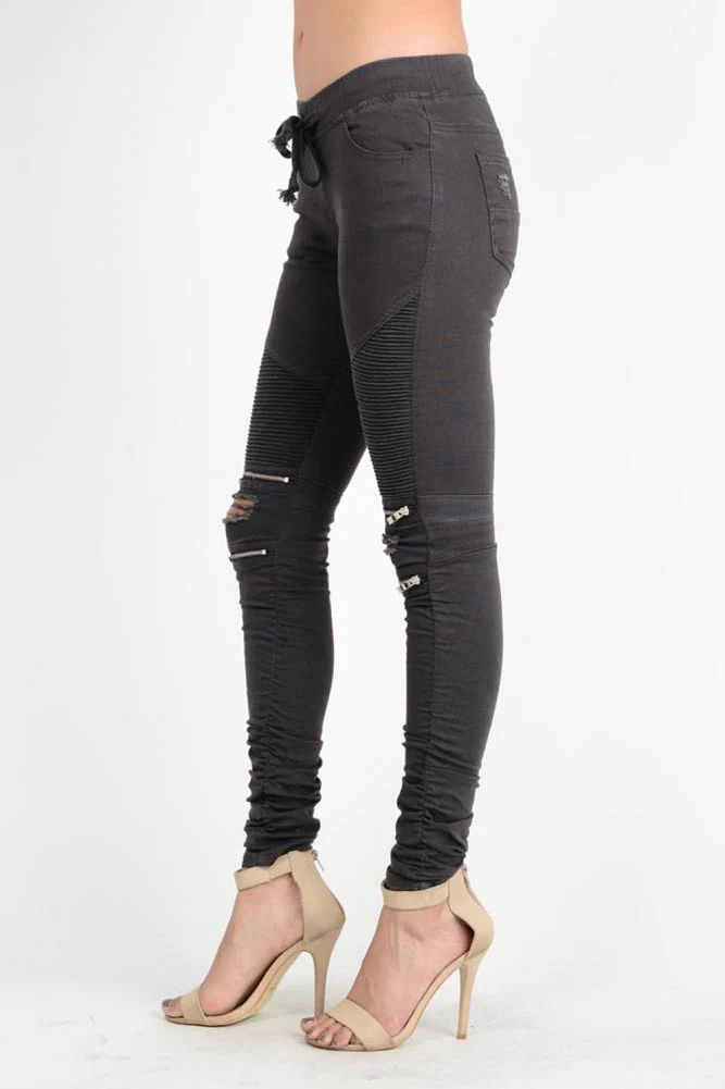 Women's Biker Style Ripped Zip Rider Jogger Pants - Image 15