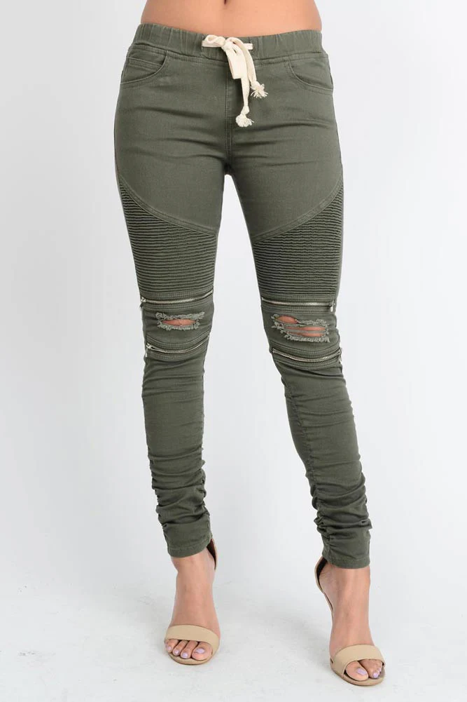 Women's Biker Style Ripped Zip Rider Jogger Pants - Image 19