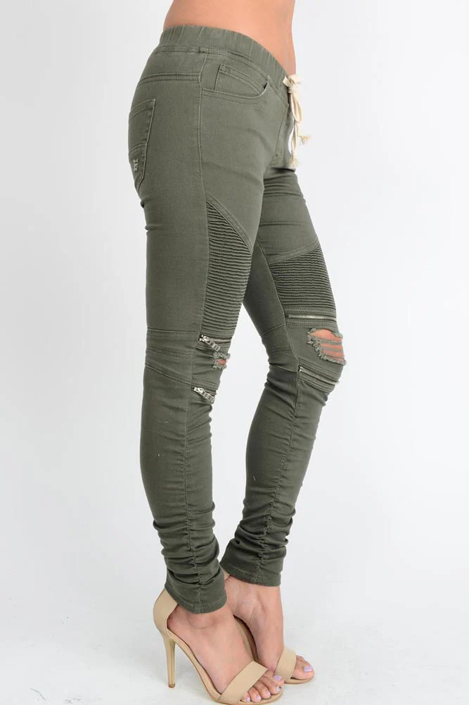 Women's Biker Style Ripped Zip Rider Jogger Pants - Image 20