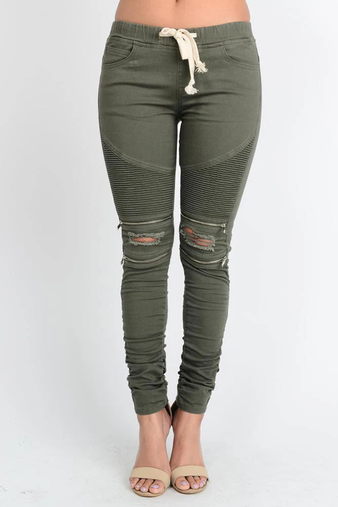 Women's Biker Style Ripped Zip Rider Jogger Pants - Image 23