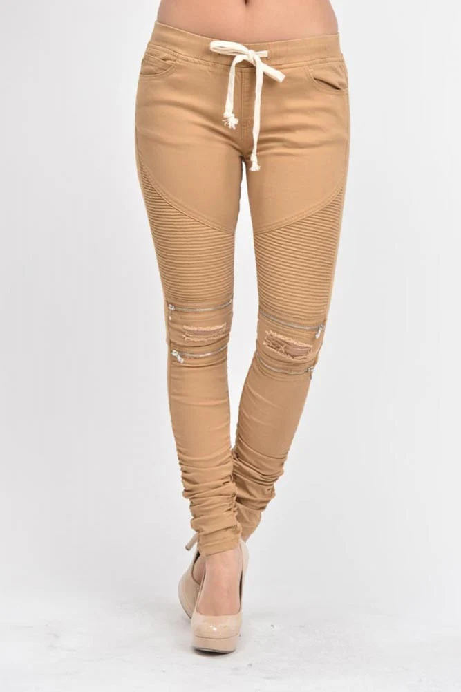 Women's Biker Style Ripped Zip Rider Jogger Pants - Image 25